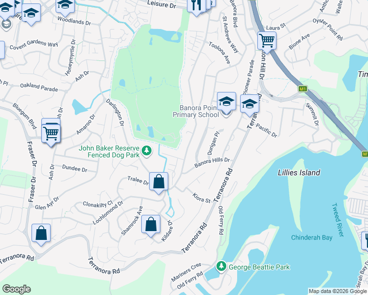 map of restaurants, bars, coffee shops, grocery stores, and more near 183 Darlington Drive in Banora Point