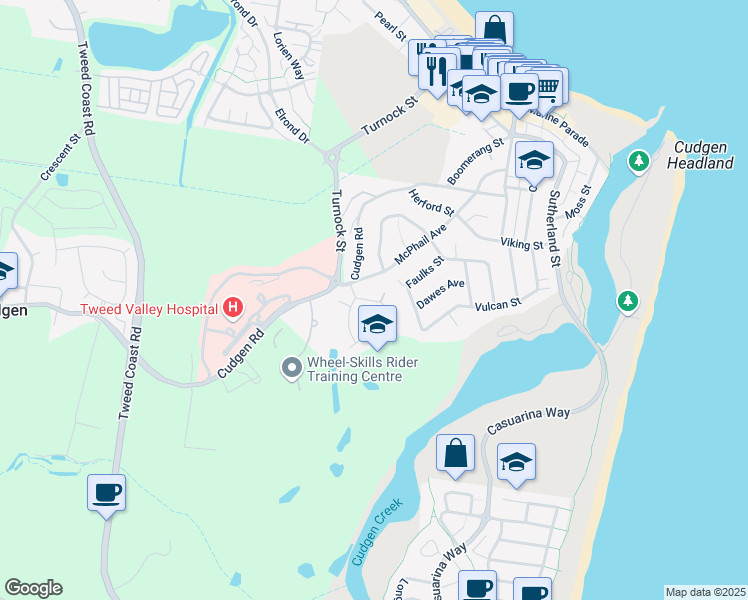 map of restaurants, bars, coffee shops, grocery stores, and more near Oxford Street in Kingscliff