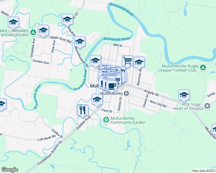 map of restaurants, bars, coffee shops, grocery stores, and more near Studal Lane in Mullumbimby
