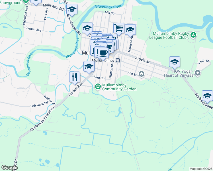 map of restaurants, bars, coffee shops, grocery stores, and more near 12 Orchid Place in Mullumbimby