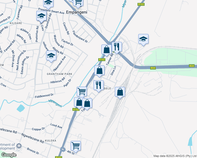map of restaurants, bars, coffee shops, grocery stores, and more near 36 Tanner Road in Empangeni