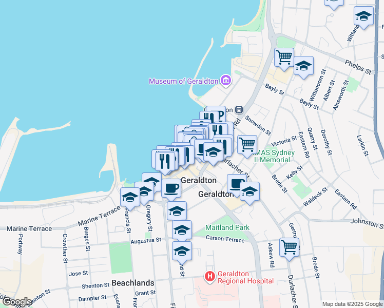 map of restaurants, bars, coffee shops, grocery stores, and more near 112 Marine Terrace in Geraldton