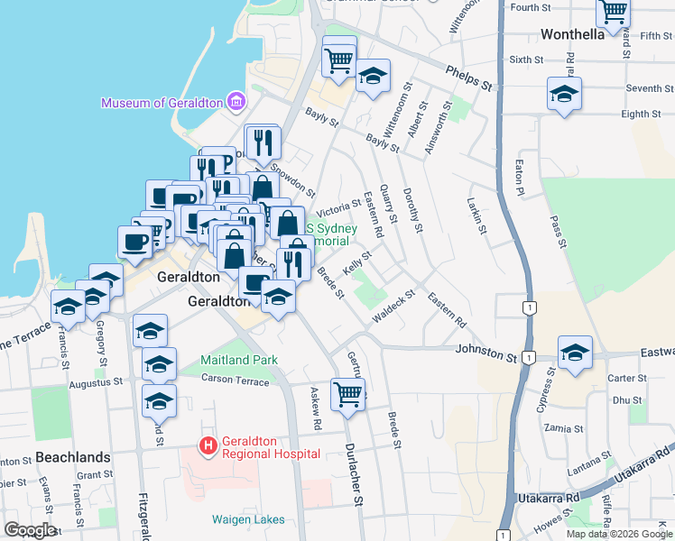 map of restaurants, bars, coffee shops, grocery stores, and more near 3B Kelly Street in Geraldton