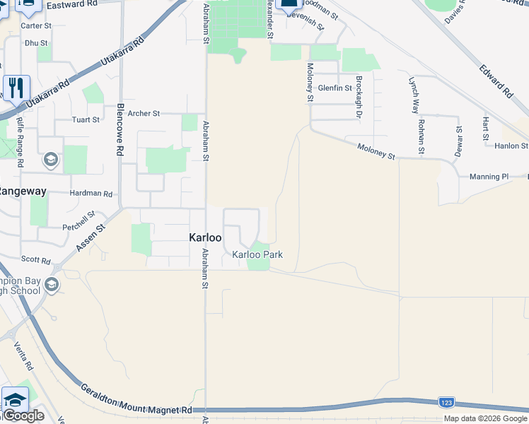 map of restaurants, bars, coffee shops, grocery stores, and more near 46 Solomon Circle in Karloo