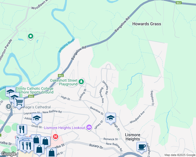 map of restaurants, bars, coffee shops, grocery stores, and more near 13 Robrown Drive in Lismore Heights