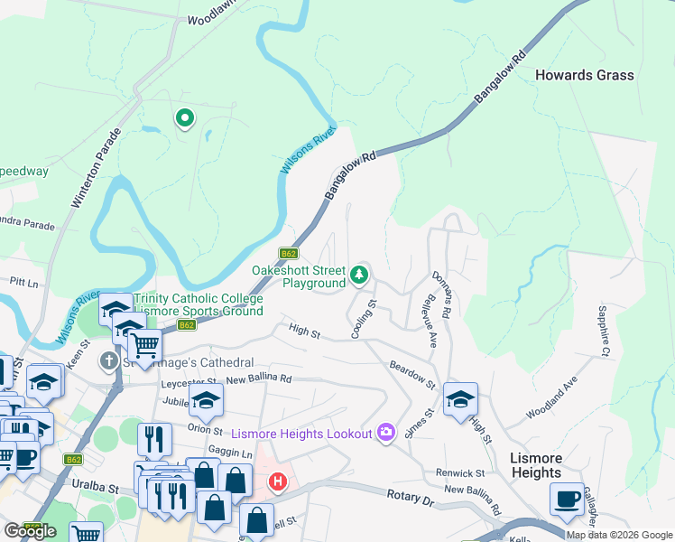 map of restaurants, bars, coffee shops, grocery stores, and more near 29 Carolina Street in Lismore Heights