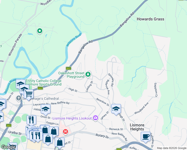 map of restaurants, bars, coffee shops, grocery stores, and more near 64 Donnans Road in Lismore Heights