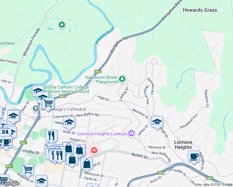 map of restaurants, bars, coffee shops, grocery stores, and more near 25 Oakeshott Street in Lismore Heights