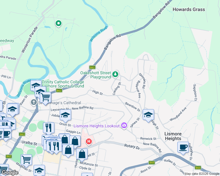 map of restaurants, bars, coffee shops, grocery stores, and more near 25 Oakeshott Street in Lismore Heights