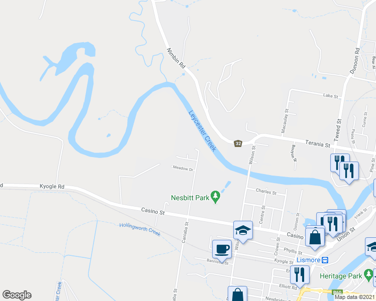 map of restaurants, bars, coffee shops, grocery stores, and more near 5 Scott Place in South Lismore