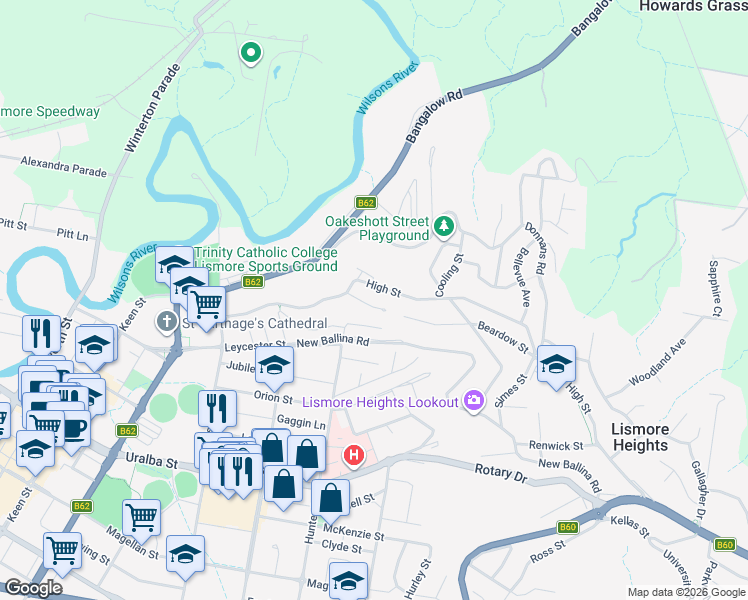 map of restaurants, bars, coffee shops, grocery stores, and more near 88 Beardow Street West in Lismore Heights