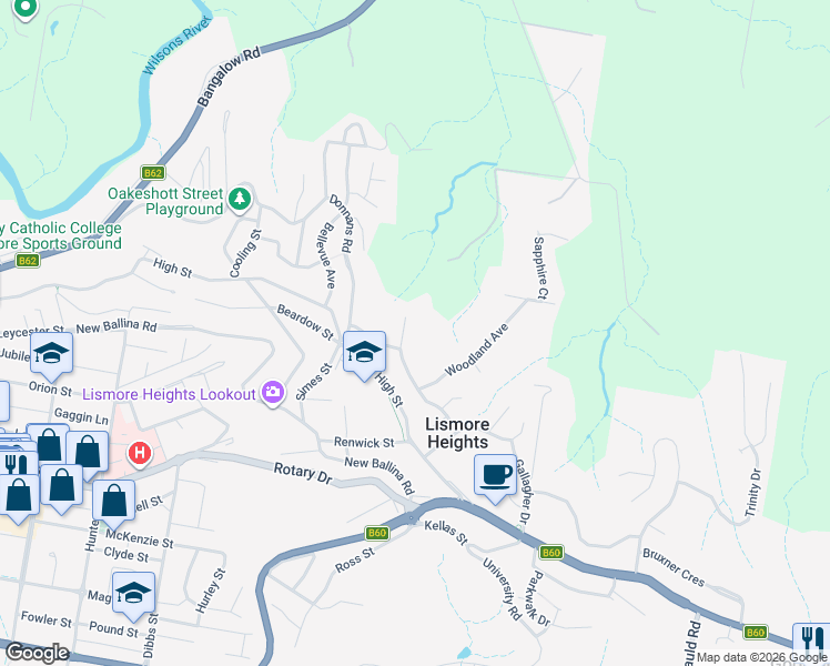 map of restaurants, bars, coffee shops, grocery stores, and more near 10A Warrick Place in Lismore Heights