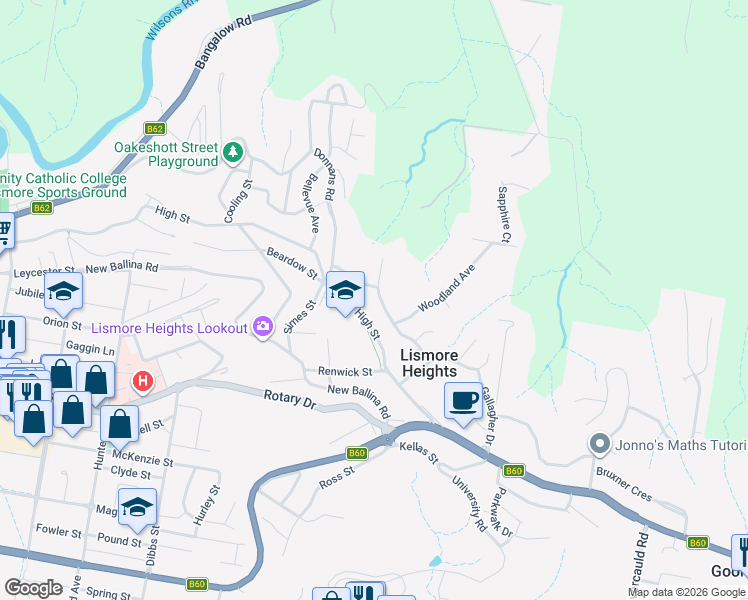 map of restaurants, bars, coffee shops, grocery stores, and more near 29 Deloraine Road in Lismore Heights