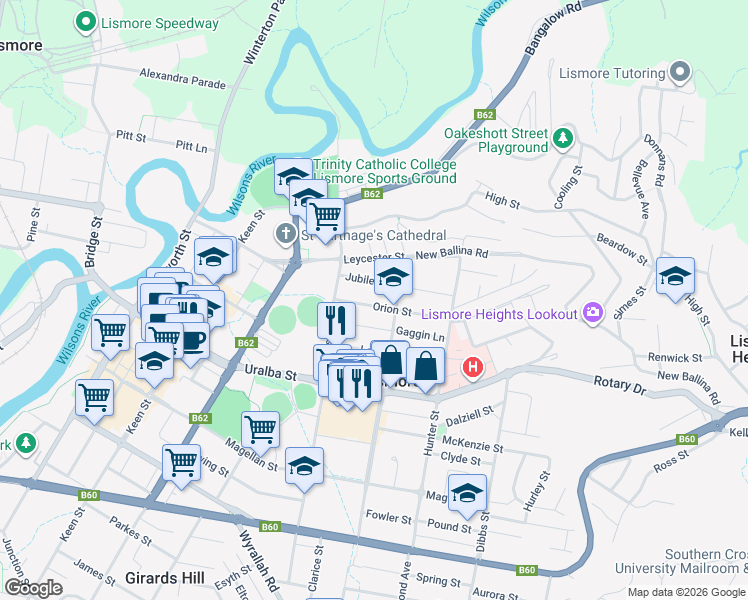 map of restaurants, bars, coffee shops, grocery stores, and more near 80 Orion Street in Lismore