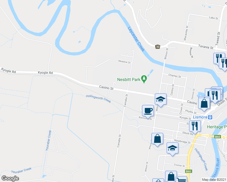 map of restaurants, bars, coffee shops, grocery stores, and more near 174 Casino Street in South Lismore