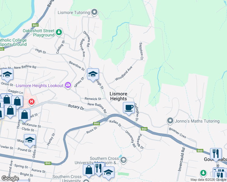 map of restaurants, bars, coffee shops, grocery stores, and more near 5 Deloraine Road in Lismore Heights