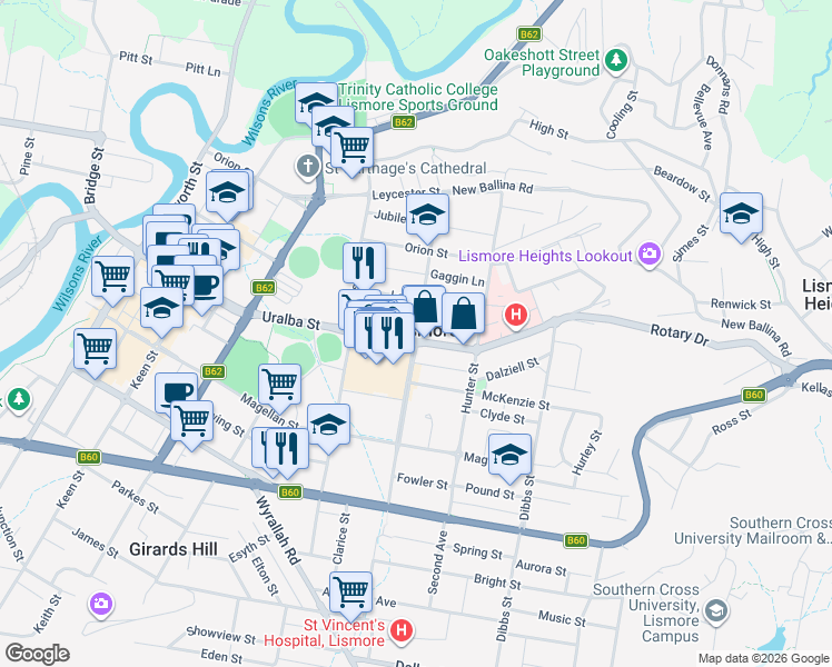 map of restaurants, bars, coffee shops, grocery stores, and more near in Lismore