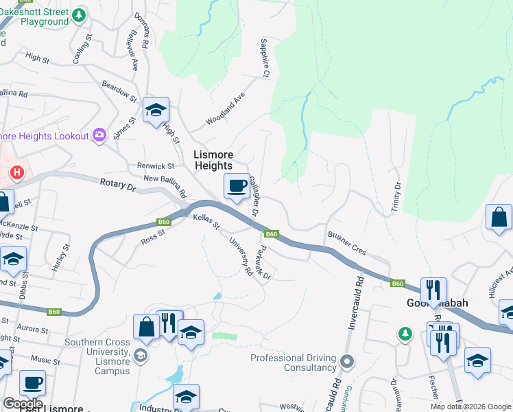 map of restaurants, bars, coffee shops, grocery stores, and more near 7 Gallagher Drive in Lismore Heights