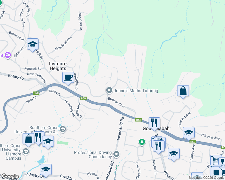 map of restaurants, bars, coffee shops, grocery stores, and more near 65 Mountain View Drive in Goonellabah