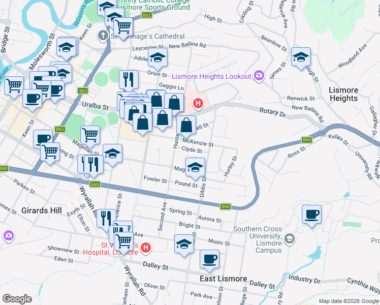 map of restaurants, bars, coffee shops, grocery stores, and more near 17 Clyde Street in Lismore