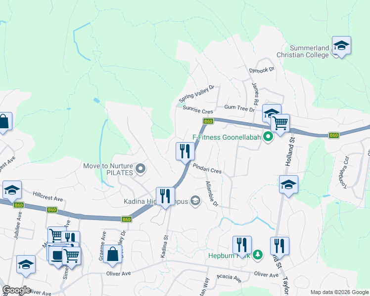 map of restaurants, bars, coffee shops, grocery stores, and more near 13 Hilltop Close in Goonellabah