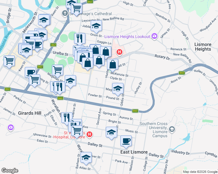 map of restaurants, bars, coffee shops, grocery stores, and more near 256 Magellan Street in Lismore