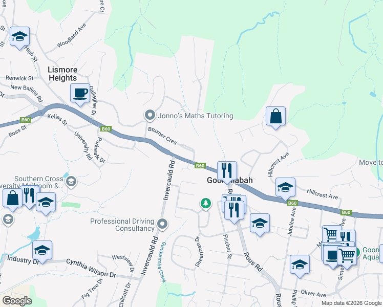 map of restaurants, bars, coffee shops, grocery stores, and more near 49 Bruxner Crescent in Goonellabah