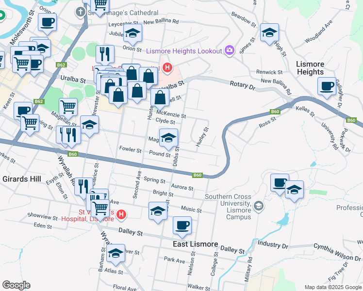 map of restaurants, bars, coffee shops, grocery stores, and more near 74 Dibbs Street in Lismore