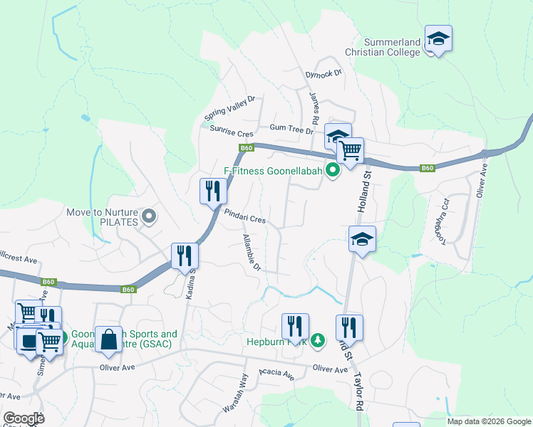 map of restaurants, bars, coffee shops, grocery stores, and more near 3 Sarah Court in Goonellabah