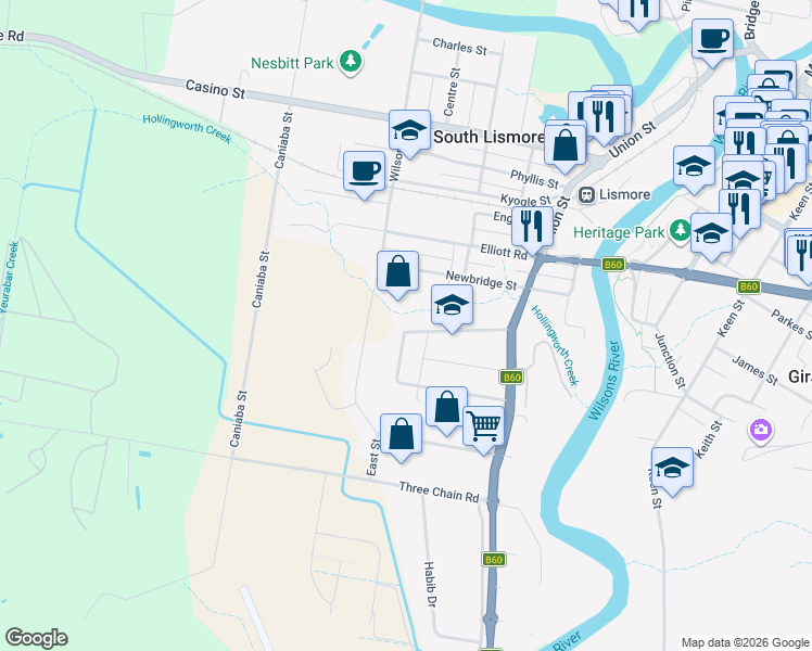 map of restaurants, bars, coffee shops, grocery stores, and more near 1 Maloney Avenue in South Lismore