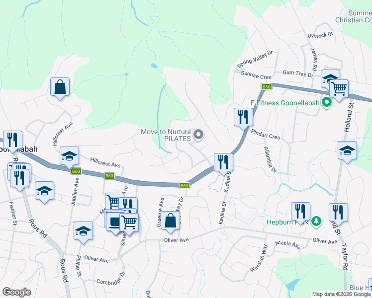 map of restaurants, bars, coffee shops, grocery stores, and more near 11 Gainsborough Way in Goonellabah