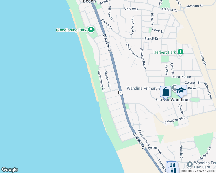map of restaurants, bars, coffee shops, grocery stores, and more near 28 Seacrest Street in Tarcoola Beach