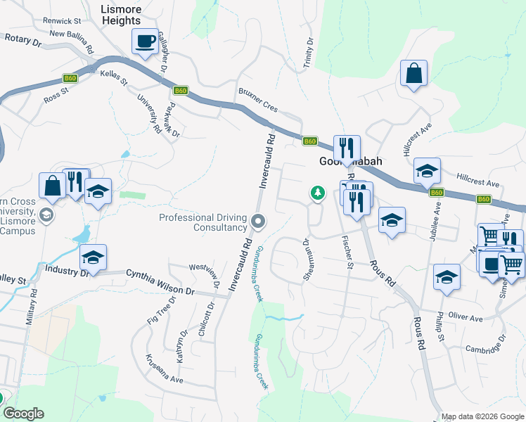 map of restaurants, bars, coffee shops, grocery stores, and more near 48 Invercauld Road in Goonellabah