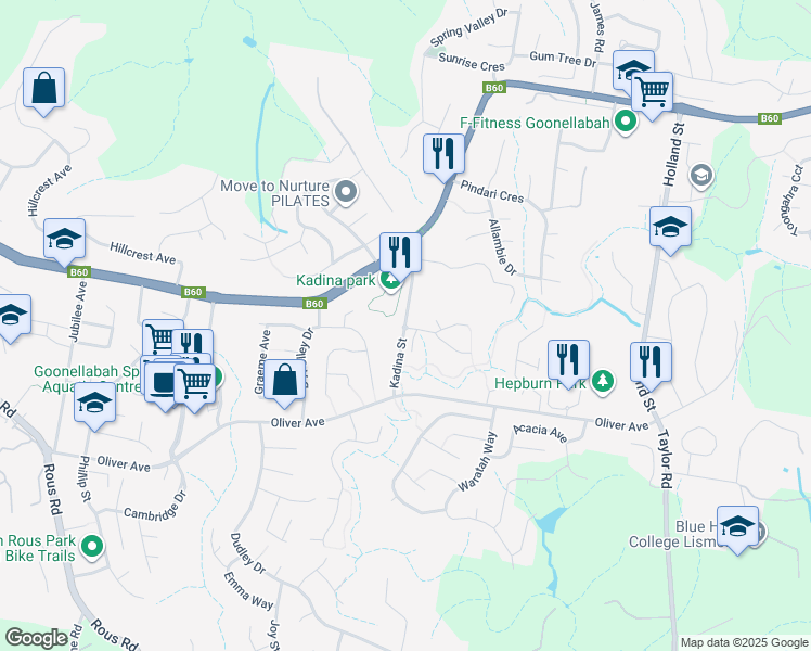 map of restaurants, bars, coffee shops, grocery stores, and more near Kadina Street in Goonellabah