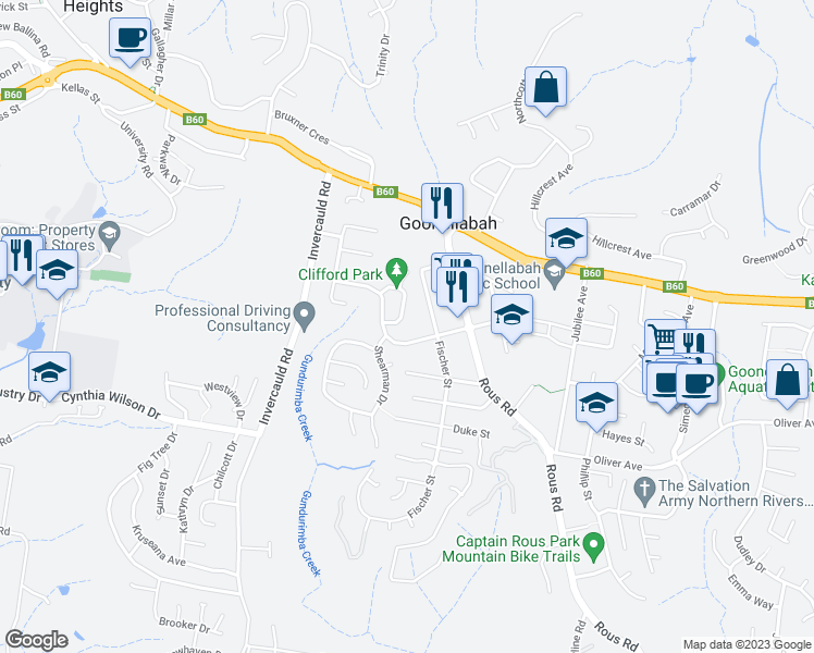 map of restaurants, bars, coffee shops, grocery stores, and more near 18 Cassia Crescent in Goonellabah