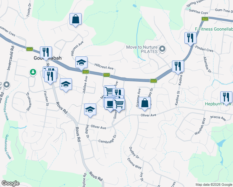 map of restaurants, bars, coffee shops, grocery stores, and more near 7 Allingham Place in Goonellabah