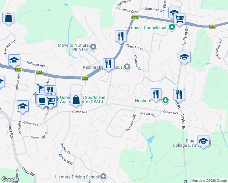 map of restaurants, bars, coffee shops, grocery stores, and more near 1 Pineview Drive in Goonellabah