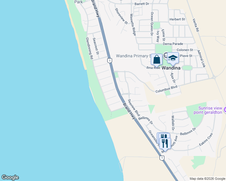 map of restaurants, bars, coffee shops, grocery stores, and more near 12b Penzance Way in Tarcoola Beach