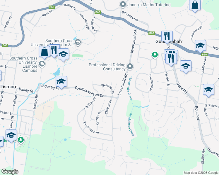 map of restaurants, bars, coffee shops, grocery stores, and more near 10 Westview Drive in Goonellabah