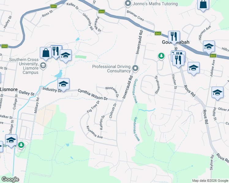 map of restaurants, bars, coffee shops, grocery stores, and more near 8 Westview Drive in Goonellabah
