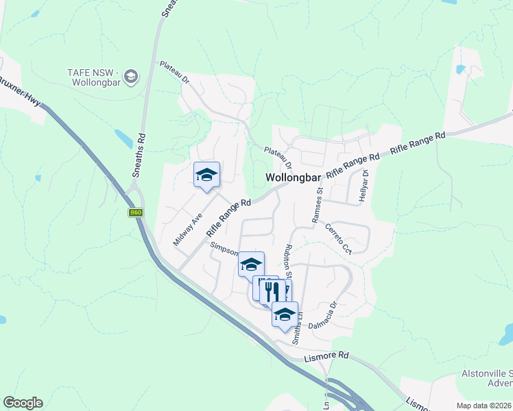 map of restaurants, bars, coffee shops, grocery stores, and more near 44 Rifle Range Road in Wollongbar