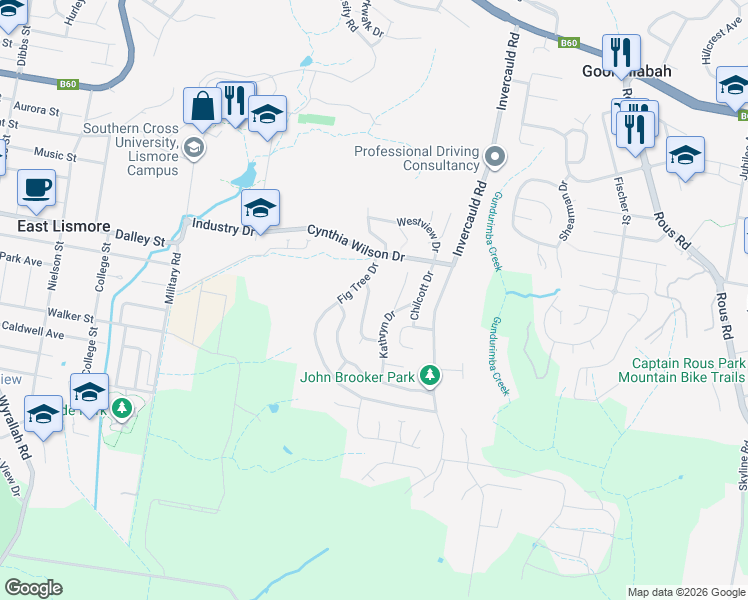 map of restaurants, bars, coffee shops, grocery stores, and more near 8 Sunset Drive in Goonellabah