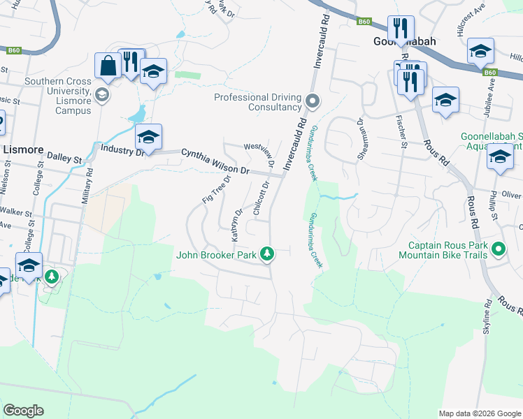 map of restaurants, bars, coffee shops, grocery stores, and more near 20 Chilcott Drive in Goonellabah