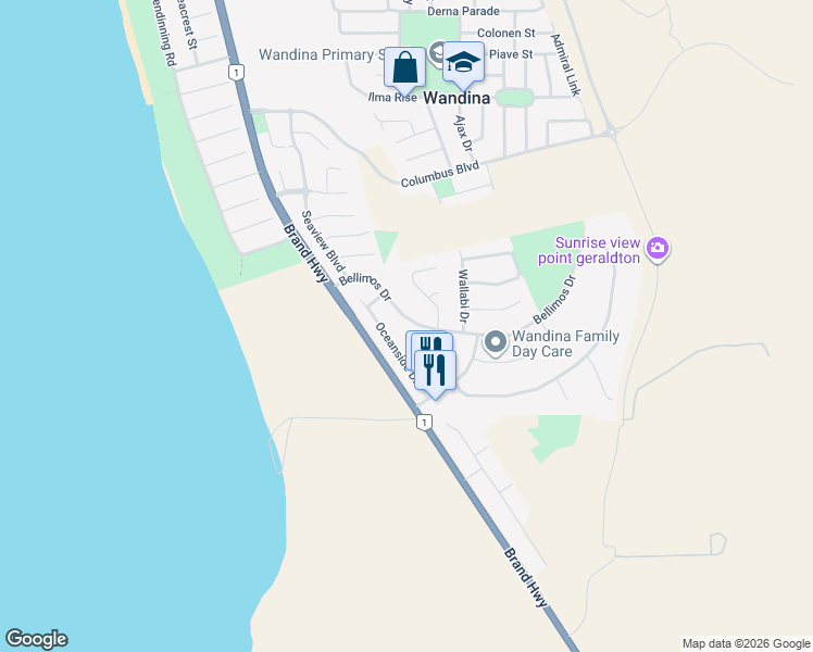 map of restaurants, bars, coffee shops, grocery stores, and more near 28 Bellimos Drive in Wandina