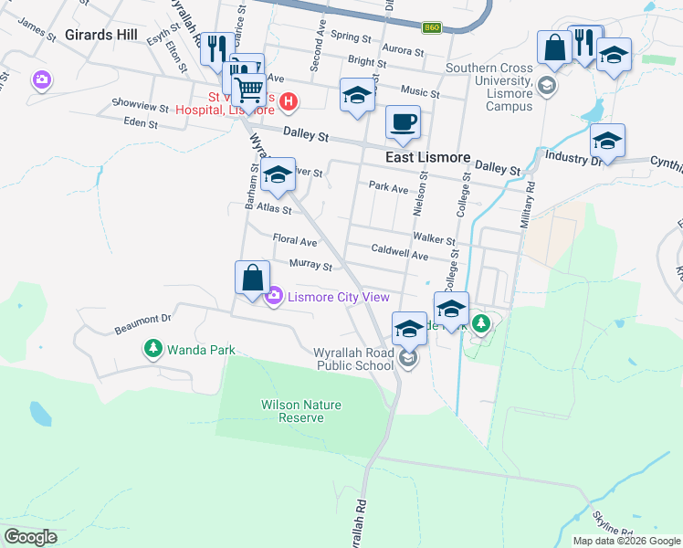map of restaurants, bars, coffee shops, grocery stores, and more near 181 Wyrallah Road in East Lismore