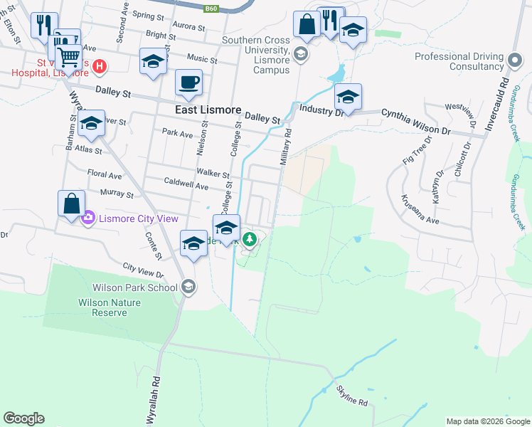 map of restaurants, bars, coffee shops, grocery stores, and more near 18 Marlyn Avenue in East Lismore