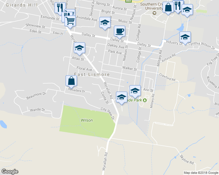 map of restaurants, bars, coffee shops, grocery stores, and more near 1 Wade Street in East Lismore