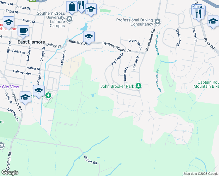 map of restaurants, bars, coffee shops, grocery stores, and more near 61 Fig Tree Drive in Goonellabah