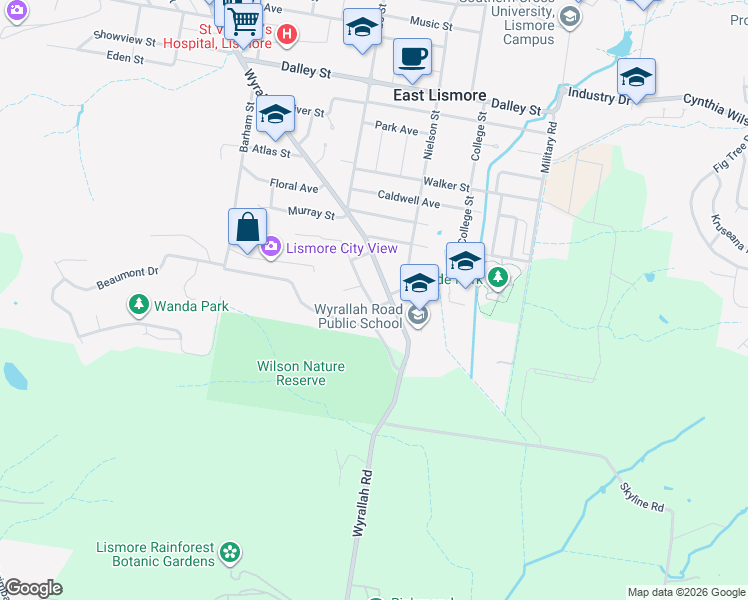 map of restaurants, bars, coffee shops, grocery stores, and more near 3 Conte Street in East Lismore