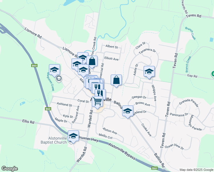 map of restaurants, bars, coffee shops, grocery stores, and more near 13 South Street in Alstonville
